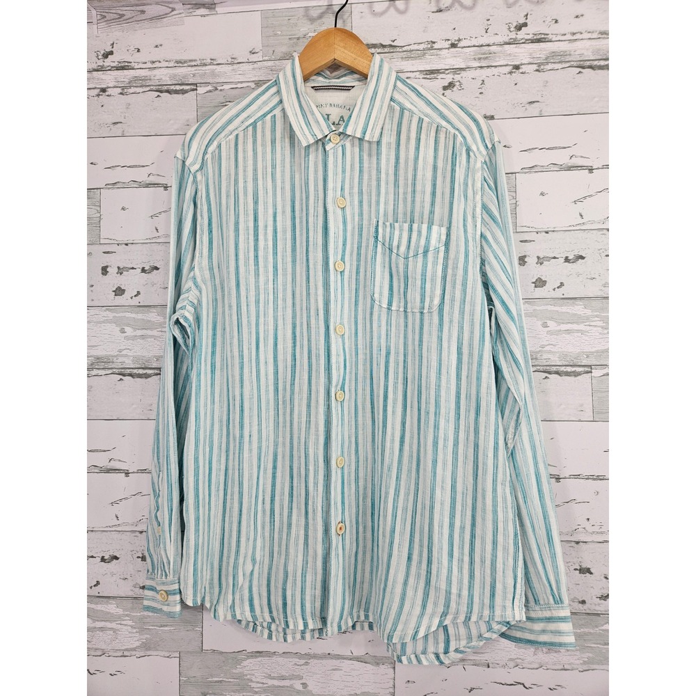 Tommy Bahama Relax Mens Medium 100% Linen Striped Button Down Shirt Teal White